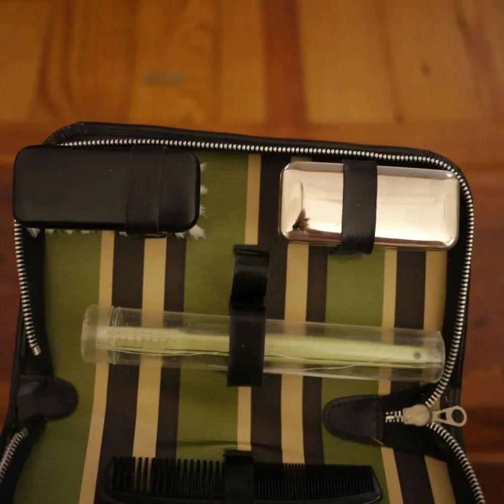 Vtg Black Faux Leather Vinyl West Germany Mens Toiletry Grooming Set w/ Contents